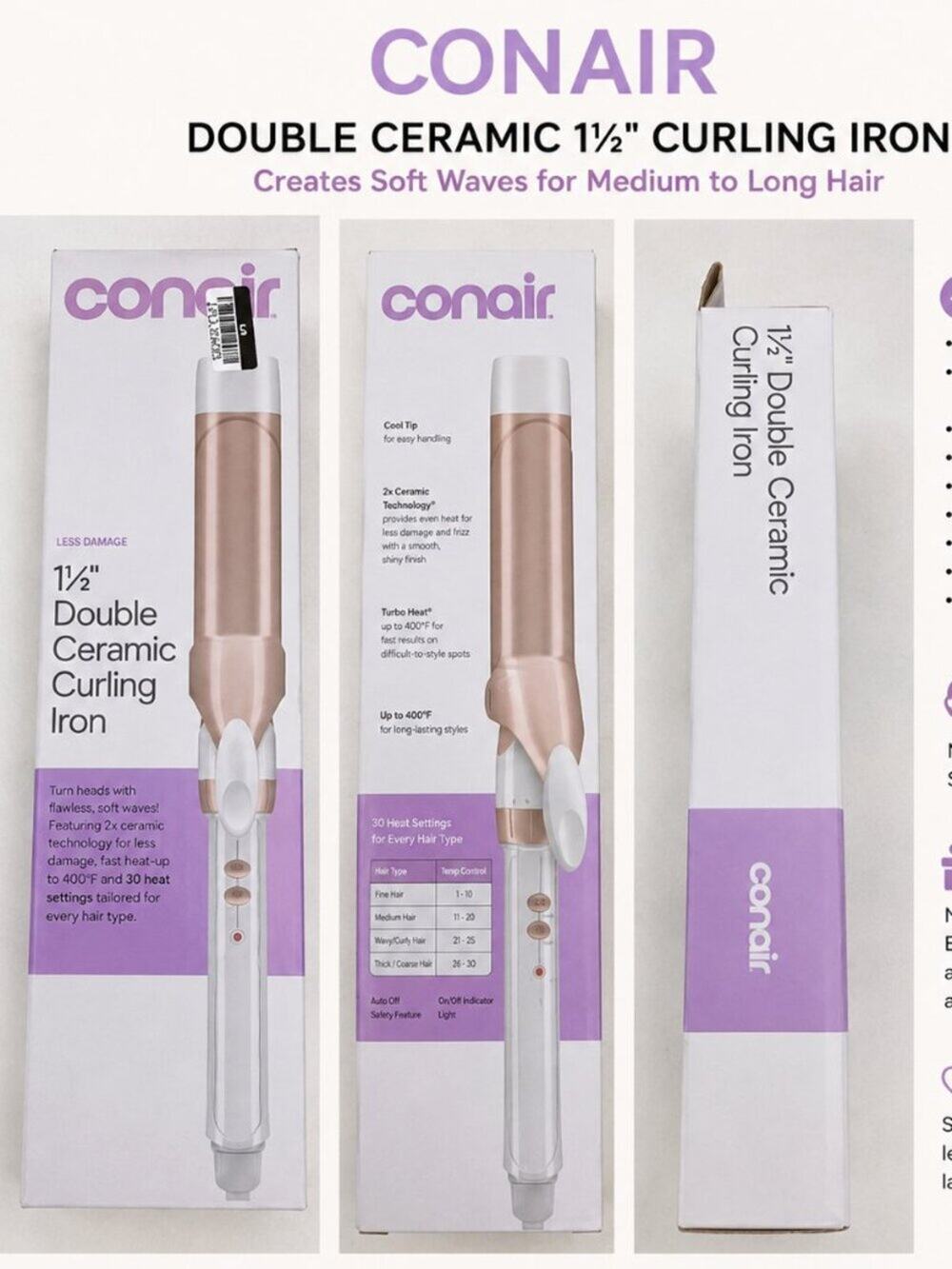 New Conair Double Ceramic 1.5” Curling Iron Rose Gold White